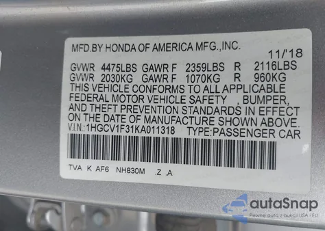 2019 Honda Accord Sport z USA, uszkodzony, nr VIN 1HGCV1F31KA011318